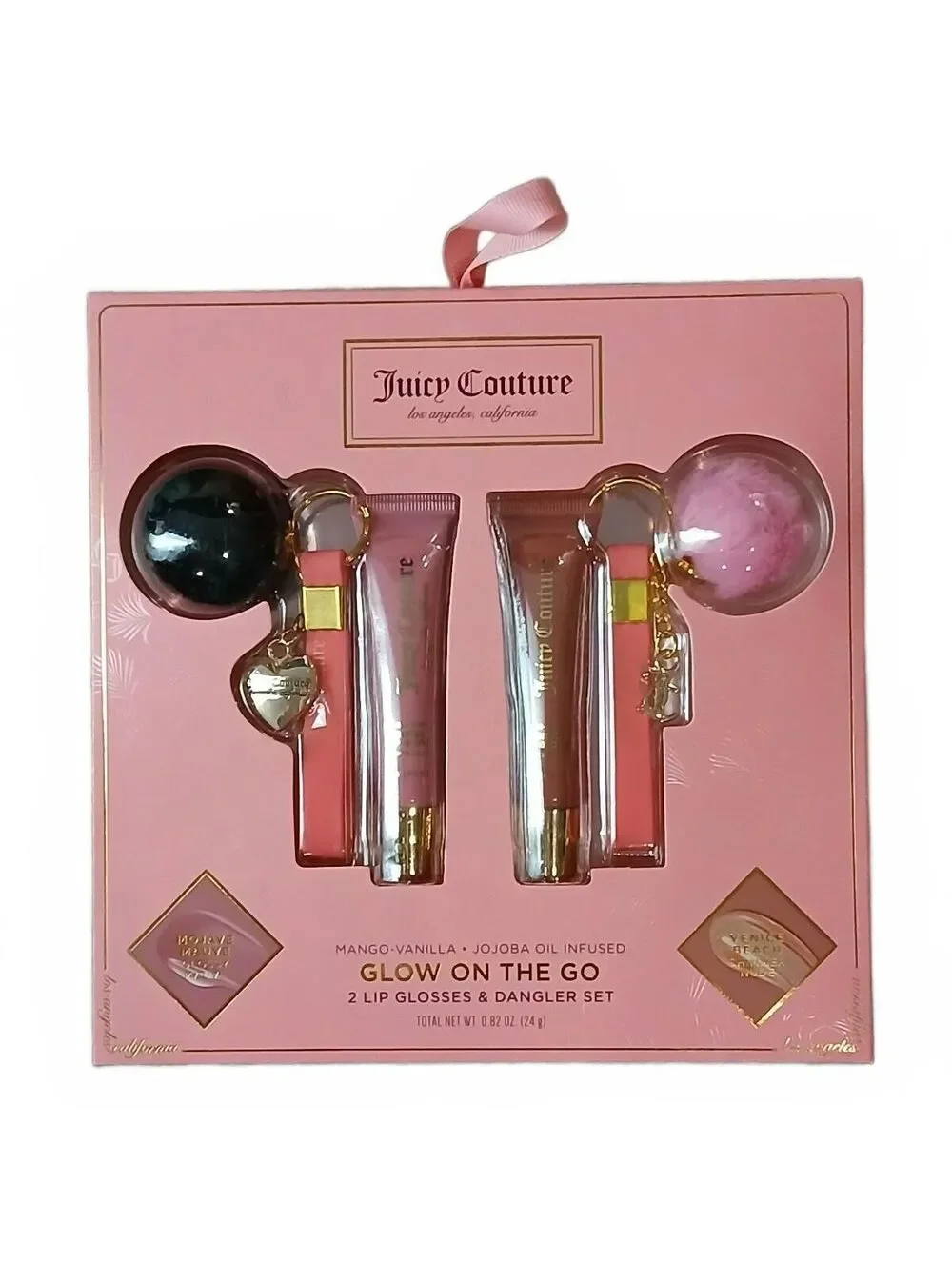 Juicy Couture Glow On The Go Lip Gloss Set Keychain Pom Pom Charm NWT